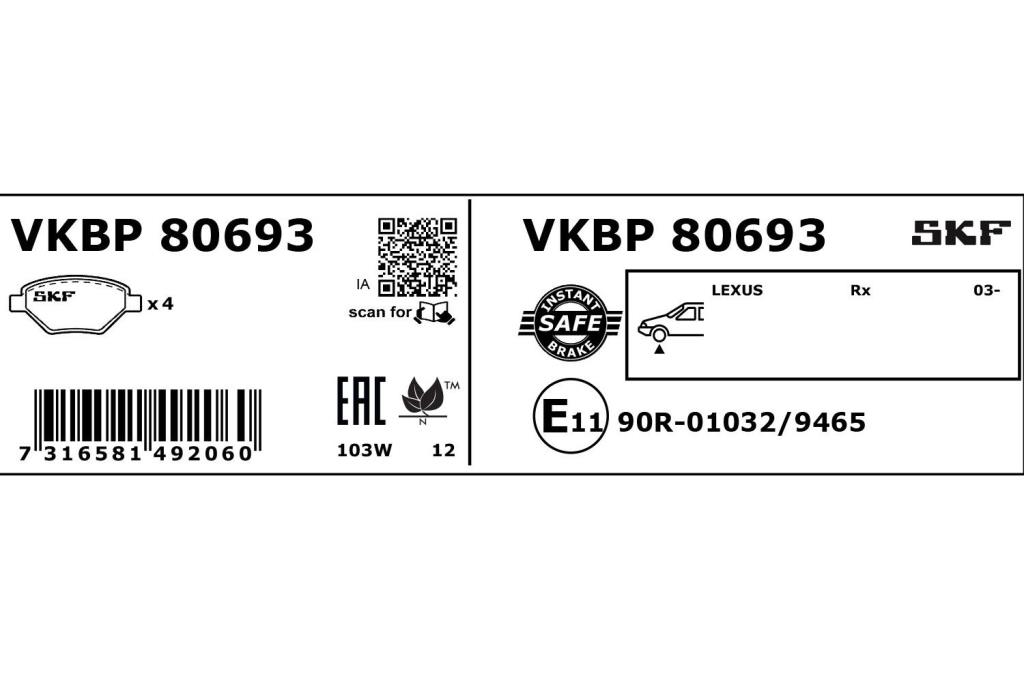 Jogo de 4 pastilhas de travão SKF ref. VKBP 80693